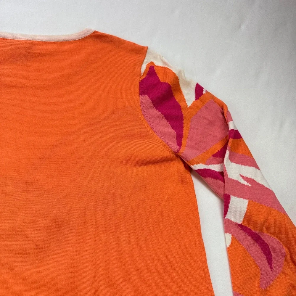 Chicos Orange Pink Floral‎ Intarsia Cotton Lyocell Knit Sweater Top Size 2
